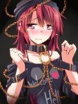  1girl blush bracelet chain collar collarbone crying hat hecatia_lapislazuli hemogurobin_a1c jewelry looking_at_viewer off_shoulder red_eyes redhead shirt solo tears touhou upper_body 