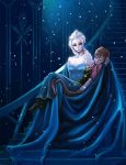  2girls anna_(frozen) braid carrying closed_eyes elsa_(frozen) fine_art_parody frozen_(disney) kimbbq long_hair multiple_girls parody pieta princess princess_carry queen siblings single_braid sisters snowflakes stairs 