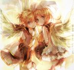  1boy 1girl ;o angel_wings blonde_hair blue_eyes detached_sleeves hair_ornament hairband hairclip highres inaresi interlocked_fingers kagamine_len kagamine_rin looking_at_viewer necktie one_eye_closed sailor_collar skirt smile vocaloid wide_sleeves wings 