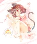  1girl animal_ears bare_legs barefoot blonde_hair grey_hair hair_ornament heart iris_anemone lying mouse_ears mouse_tail nazrin on_side puffy_short_sleeves puffy_sleeves red_eyes red_string shirt short_sleeves shorts solo string tail toramaru_shou touhou 