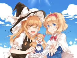  2girls alice_margatroid apron ascot blue_eyes blush braid capelet couple hairband hat kirisame_marisa long_hair meng_ziya multiple_girls open_mouth shanghai_doll short_hair side_braid smile touhou waist_apron witch_hat wrist_cuffs yellow_eyes yuri 