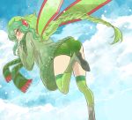  ass blush braid flygon green_eyes green_hair green_legwear green_shorts kurage_miho long_hair looking_back personification pokemon ponytail scarf solo thigh-highs wings 