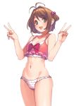  1girl bikini brown_hair cardcaptor_sakura double_v green_eyes hair_bobbles hair_ornament kinomoto_sakura midriff navel pop_kyun short_hair solo swimsuit v 