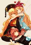 3girls american_flag_shirt atoki black_dress blonde_hair brown_eyes chain chinese_clothes clownpiece collar commentary_request dress earth hat heart hecatia_lapislazuli hug hug_from_behind jester_cap junko_(touhou) lap_pillow long_hair long_sleeves lying moon multiple_girls on_lap open_mouth pantyhose print_dress red_eyes redhead sleeveless sleeveless_dress tabard touhou very_long_hair wide_sleeves 
