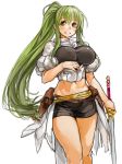  1girl belt breasts green_hair grin holding_sword holding_weapon long_hair looking_at_viewer midriff navel original ponytail sachito simple_background smile solo sword weapon white_background yellow_eyes 