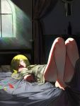  1girl absurdres alternate_costume barefoot blonde_hair closed_eyes convenient_leg crystal flandre_scarlet highres indoors kotton legs_up lying no_hat on_back sleeping solo sunlight touhou window 