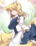  1girl :3 alternate_costume animal_ears blonde_hair breasts commentary_request dress dress_lift fox_ears fox_tail hammer_(sunset_beach) long_hair looking_at_viewer multiple_tails no_hat smile solo tail touhou underbust yakumo_ran yellow_eyes 