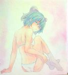 1girl arm_support blue_eyes blue_hair bow cirno from_behind full_body hair_bow highres looking_at_viewer looking_back no_wings pink_background short_hair shoulder_blades sitting socks solo touhou traditional_media underwear watercolor_(medium) white_legwear yuyu_(00365676) 