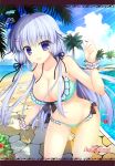  1girl :d absurdres alia&#039;s_carnival! beach bikini blue_eyes blue_hair blue_sky breasts cleavage clouds green_bikini highres huge_filesize low_twintails open_mouth palm_tree sky smile swimsuit tree twintails 