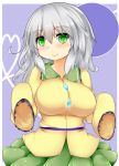  1girl blush breasts commentary_request green_hair komeiji_koishi large_breasts looking_at_viewer miniskirt no_hat revision silver_hair skirt sleeves_past_wrists smile solo symbol-shaped_pupils touhou us2s 