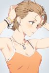  1girl adjusting_hair aida_takanobu armpits bangle bare_shoulders bra_strap bracelet breasts brown_hair camisole crescent earrings eyelashes green_eyes grey_hair idolmaster idolmaster_cinderella_girls jewelry kimura_natsuki light_smile looking_away looking_to_the_side necklace parted_lips pendant short_hair simple_background solo spaghetti_strap star upper_body 