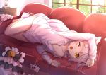  1girl animal_ears arm_up bare_legs barefoot bell bottomless byakuya_reki cat_ears collarbone couch doll long_hair long_sleeves lying naked_shirt on_couch on_side one_eye_closed original revision shirt silver_hair solo very_long_hair window yawning yellow_eyes 
