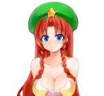  1girl alternate_costume bare_shoulders beret blue_eyes braid breasts cleavage collarbone commentary_request hat hong_meiling large_breasts long_hair looking_at_viewer redhead simple_background solo star sweatdrop touhou twin_braids upper_body white_background yostxxx 