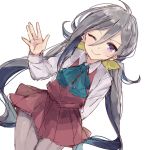  1girl astg grey_eyes grey_hair kantai_collection kiyoshimo_(kantai_collection) komachi_naruta long_hair one_eye_closed pantyhose school_uniform smile solo twintails waving 