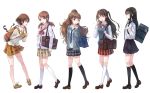  5girls bag brown_eyes brown_hair green_eyes highres honda_mio houjou_karen idolmaster idolmaster_cinderella_girls kamiya_nao long_hair multiple_girls necktie open_mouth plaid plaid_skirt red_eyes school_uniform shibuya_rin shimamura_uzuki short_hair side_ponytail simple_background skirt smile yakka 