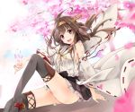  1girl ahoge boots breasts brown_hair cherry_blossoms detached_sleeves double_bun hairband kantai_collection kongou_(kantai_collection) long_hair nontraditional_miko okatsukisei petals remodel_(kantai_collection) sideboob sitting skirt solo thigh-highs thigh_boots thighs violet_eyes 