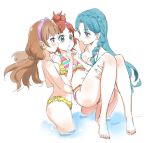  3girls amanogawa_kirara barefoot bikini blue_eyes blue_hair brown_hair carrying feet_in_water go!_princess_precure green_eyes haruno_haruka kaidou_minami lifting long_hair multiple_girls precure princess_carry redhead rushi_(bloodc) short_hair soaking_feet standing swimsuit twintails violet_eyes water 