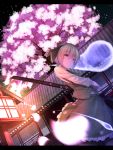  1girl blue_eyes building cherry_blossoms floral_print green_skirt highres konpaku_youmu konpaku_youmu_(ghost) long_sleeves looking_at_viewer night night_sky petals silver_hair skirt sky stairs tagme touhou tree waterdog 