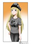  bismarck_(kantai_collection) blue_eyes breasts commentary_request frown hand_on_hip hat highres japanese_clothes kantai_collection large_breasts long_hair looking_at_viewer sazanami_konami t-shirt 