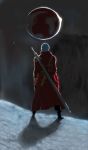  1boy black_gloves coat dante_(devil_may_cry) devil_may_cry eclipse from_behind gloves huge_weapon ice_(ice_factory) long_coat male_focus over_shoulder rebellion_(sword) red_coat short_hair sleeves_pushed_up solo sword sword_over_shoulder weapon weapon_over_shoulder white_hair 