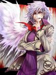  1girl finger_to_mouth jacket kishin_sagume open_clothes open_jacket pointy_ears red_eyes ryuuichi_(f_dragon) silver_hair single_wing solo tattoo touhou white_wings wings 