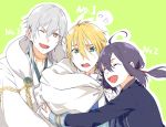  3boys ;d ^_^ ahoge aqua_eyes black_hair blonde_hair closed_eyes hood hug japanese_clothes male_focus mou_(mooooow) multiple_boys namazuo_toushirou one_eye_closed open_mouth ponytail smile sweat touken_ranbu tsurumaru_kuninaga white_hair yamanbagiri_kunihiro yellow_eyes 