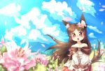  1girl animal_ears bare_shoulders blue_sky blush brooch brown_eyes brown_hair clouds field flower flower_field hair_flower hair_ornament imaizumi_kagerou jewelry long_hair long_sleeves open_mouth petals shirt skirt sky solo tail touhou very_long_hair volcano_(liao) werewolf wind wolf_ears wolf_tail younger 