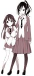  2girls blazer blouse full_body hair_ornament hand_on_another&#039;s_back height_difference highres itsumi_(itumiyuo) iwadate_yuan jacket loafers long_hair looking_at_viewer maya_yukiko miniskirt monochrome multiple_girls necktie open_mouth pantyhose pleated_skirt ponytail saki scrunchie shoes side-by-side skirt smile standing thigh-highs two_side_up zettai_ryouiki 