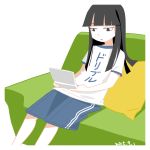  1girl alternate_costume black_hair callan_(callancoe) commentary_request couch gym_uniform handheld_game_console hatsuyuki_(kantai_collection) hime_cut kantai_collection long_hair nintendo_3ds pillow shorts sitting translation_request 