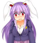  1girl animal_ears blazer blush breasts cleavage collarbone crescent_hair_ornament hair_ornament large_breasts long_hair long_sleeves open_mouth pleated_skirt purple_hair rabbit_ears red_eyes reisen_udongein_inaba revision shirt shocked_eyes skirt solo touhou us2s very_long_hair 