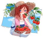  1girl basket blue_sky blush clouds dated eating gloves hat highres hotoke_(zz_orz) leaf looking_at_viewer love_live!_school_idol_project nishikino_maki overalls redhead short_hair sky sleeves_rolled_up solo strap_slip straw_hat sweatdrop tomato towel twitter_username violet_eyes 