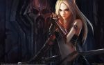  blonde_hair blood_elf gloves highres navel pointy_ears sword warcraft weapon world_of_warcraft 