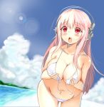  1girl belly bikini blush breasts cleavage derivative_work front-tie_top headphones large_breasts long_hair looking_at_viewer navel nitroplus open_mouth pink_hair red_eyes sjs_304 sketch solo super_sonico swimsuit untied untied_bikini 