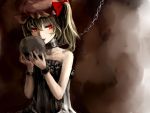  1girl alternate_costume bare_arms bare_shoulders blonde_hair camisole chain choker cuffs eyelashes flandre_scarlet goocn gradient gradient_background hat hat_ribbon licking looking_at_viewer mob_cap red_eyes ribbon shackles short_hair side_ponytail skull solo touhou 