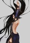  1girl arms_up back_tattoo bare_back black_hair blue_eyes boots castlevania castlevania:_order_of_ecclesia detached_sleeves grey_background highres long_hair looking_at_viewer makura_(humoffu) pout shanoa simple_background solo tattoo thigh-highs thigh_boots thighs very_long_hair 