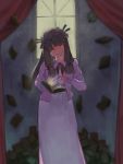  1girl absurdres backlighting blurry book bow crescent curtains dark dress evil_grin evil_smile glowing grin hair_bow hair_ornament hat head_tilt highres kotton long_hair long_sleeves looking_at_viewer mob_cap open_book patchouli_knowledge purple_hair red_eyes smile solo touhou vest window 