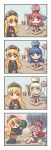 +_+ 2girls 4koma baise_fenbi_xian barefoot black_dress black_shirt blonde_hair blue_eyes blue_hair blush blush_stickers chinese_clothes collar comic dress earth_(ornament) emphasis_lines expressionless fang hat hecatia_lapislazuli highres idea indian_style junko_(touhou) levitation long_hair long_sleeves looking_at_another moon_(ornament) multicolored_skirt multiple_girls no_mouth off-shoulder_shirt open_mouth red_eyes redhead ribbon scared shaded_face shirt short_sleeves sitting smile sparkle tabard thinking tongue tongue_out touhou very_long_hair white_chalk_lines wide_sleeves yellow_eyes