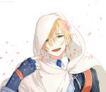  1boy blonde_hair cherry_blossoms flower green_eyes hair_flower hair_ornament hood male_focus mou_(mooooow) necktie open_mouth petals smile touken_ranbu upper_body yamanbagiri_kunihiro 