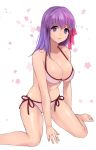  1girl arm_support bare_shoulders bikini breasts cleavage fate/stay_night fate_(series) floral_background hair_ribbon ice_(ice_aptx) kneeling large_breasts long_hair matou_sakura purple_hair ribbon shiny shiny_hair shiny_skin side-tie_bikini skindentation smile solo swimsuit violet_eyes 