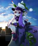  1boy 1girl bike_shorts blush clouds domino_mask green_hair indian_style inkling mask pink_eyes pointy_ears ponytail purple_hair shoes sitting sleeping sneakers splatoon squid sunrise super_soaker t-shirt taiki_miyu visor_cap water_gun 