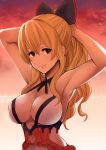  1girl armpits arms_behind_head arms_up bangs bare_shoulders bikini black_bow blonde_hair bow breasts cleavage clouds collarbone dusk granblue_fantasy hair_bow highres lips long_hair looking_at_viewer midriff nagashii_kouhei red_eyes ribbon sidelocks smile solo star_(sky) swimsuit vila white_bikini white_ribbon white_swimsuit 