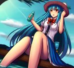  1girl blue_hair blue_sky bottle clouds convenient_leg food fruit hat highres hinanawi_tenshi long_hair nekozombie open_mouth peach puffy_short_sleeves puffy_sleeves red_eyes revision shirt short_sleeves sitting skirt sky smile soaking_feet solo touhou upskirt very_long_hair 