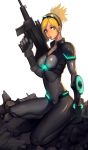  1girl absurdres blonde_hair blue_eyes bodysuit full_body goggles goggles_on_head gun highres ice_(ice_factory) kneeling lips neon_trim nose nova_(starcraft) ponytail rifle skin_tight small_breasts solo starcraft terran_ghost weapon 