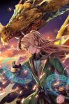  1boy brown_hair clenched_hands cover cover_page dragon gabuccc green_clothes mahou_yousei_kouryaku open_mouth profile sky star_(sky) starry_sky sunset yellow_eyes 