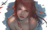  1girl bare_shoulders earrings jewelry looking_at_viewer looking_up original parted_lips petals red_eyes redhead topless upper_body wlop 