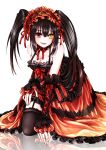  1girl absurdres black_hair breasts cleavage clock_eyes date_a_live heterochromia highres lolita_fashion long_hair looking_at_viewer red_eyes simple_background solo tokisaki_kurumi tongue tongue_out twintails white_background 