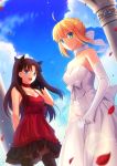  2girls :d black_legwear blonde_hair blue_eyes blue_sky breasts brown_hair choker cleavage clouds dress elbow_gloves fate/stay_night fate_(series) fuyuki_(neigedhiver) gloves green_eyes highres looking_at_viewer multiple_girls open_mouth petals pillar red_dress saber sky smile thigh-highs tohsaka_rin toosaka_rin two_side_up white_dress white_gloves 