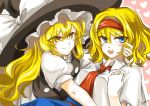  2girls absurdres alice_margatroid artist_request ascot blonde_hair blue_eyes capelet couple hairband hat heart highres hug kirisame_marisa long_hair multiple_girls short_hair smile touhou witch_hat yellow_eyes yuri 