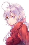  1girl ahoge breasts dsmile lavender_hair low_twintails open_mouth red_clothes scrunchie senki_zesshou_symphogear simple_background solo turtleneck twintails violet_eyes white_background yukine_chris 