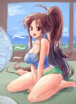  1girl 966 :o bare_shoulders barefoot breasts brown_hair cleavage electric_fan highres hot large_breasts long_hair open_mouth original ponytail red_eyes short_shorts shorts sitting solo sweat very_long_hair wariza 
